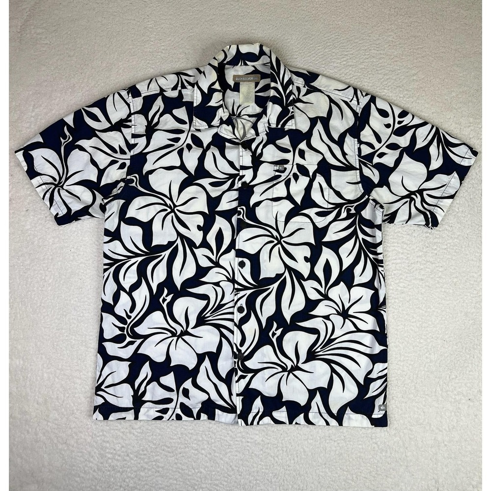 Quiksilver Shirt Mens Large Blue Floral Short‎ Sleeve Button Up Hawaiian VTG Y2K